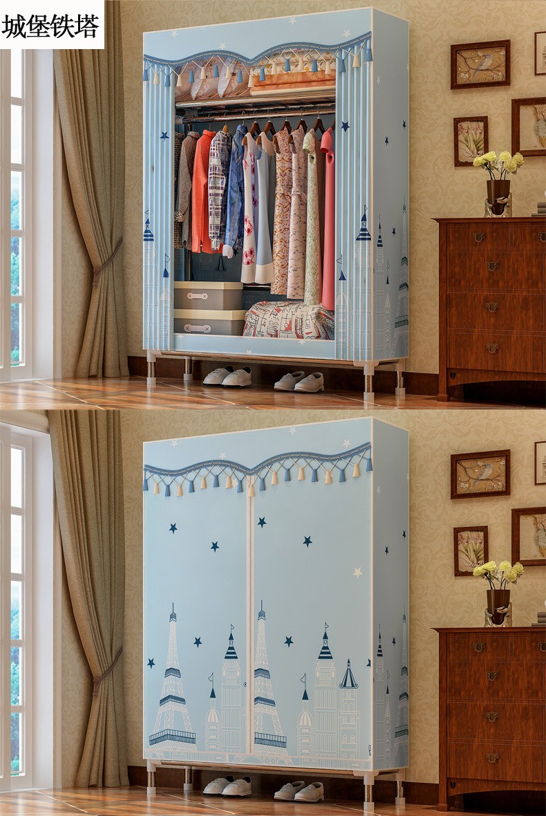 索尔诺简易布衣柜斜桃绒布艺衣柜25mm钢管加粗加固双人大号钢架收纳