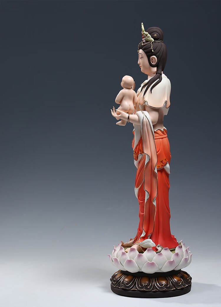 微美彩绘陶瓷19吋立莲送子观音佛像摆件家用供奉求子观世音菩萨 红彩
