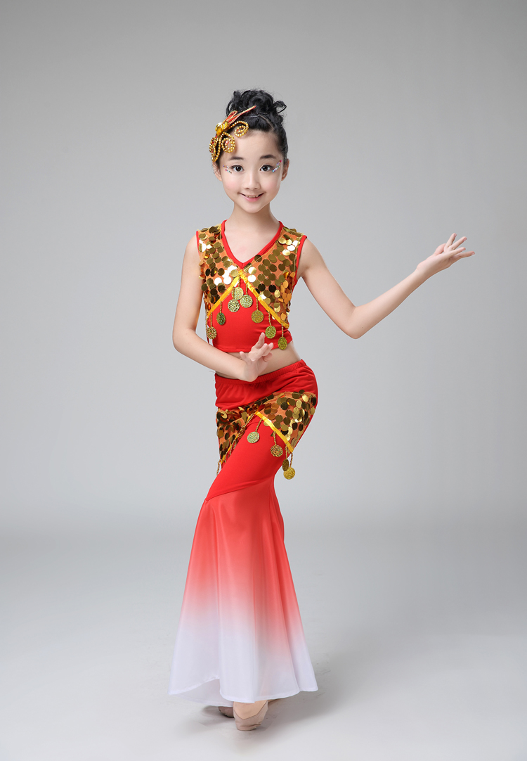 荷香艺梦儿童傣族舞蹈服孔雀舞演出服装女童少儿鱼尾裙傣族舞长裙 天