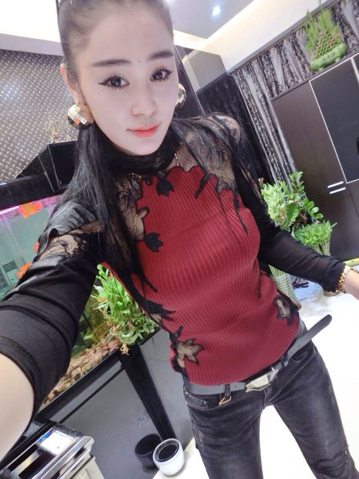 香情姿  蕾丝拼接镂空修身显瘦打底衫长袖T恤紧身小衫潮 酒红色 均码