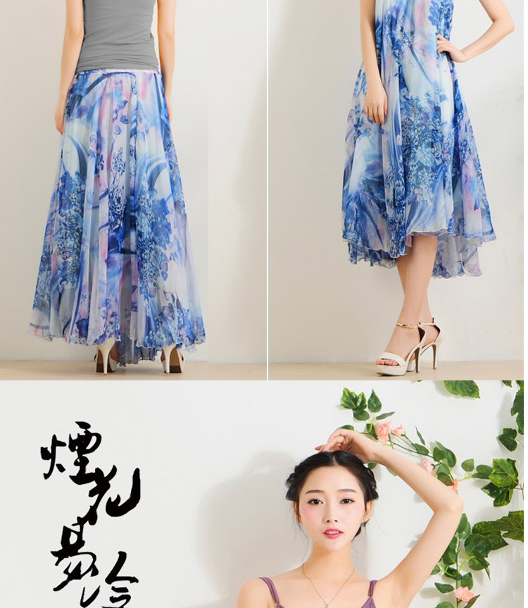迪龙斯克2015夏季新款女装半身长裙松紧带印花大摆雪纺波西米亚连衣裙沙滩裙 彼岸花开 L