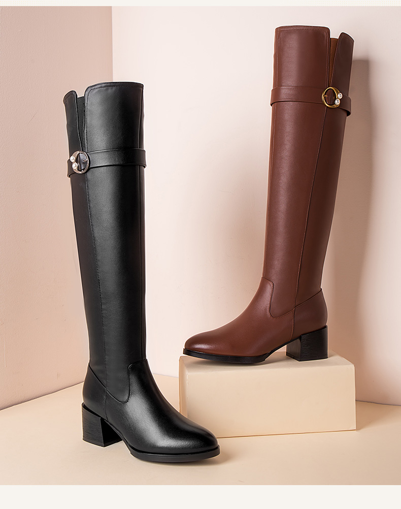 红蜻蜓女鞋 粗高跟女棉鞋显瘦骑士靴高筒长靴女 wnc79911/12 黑色 36