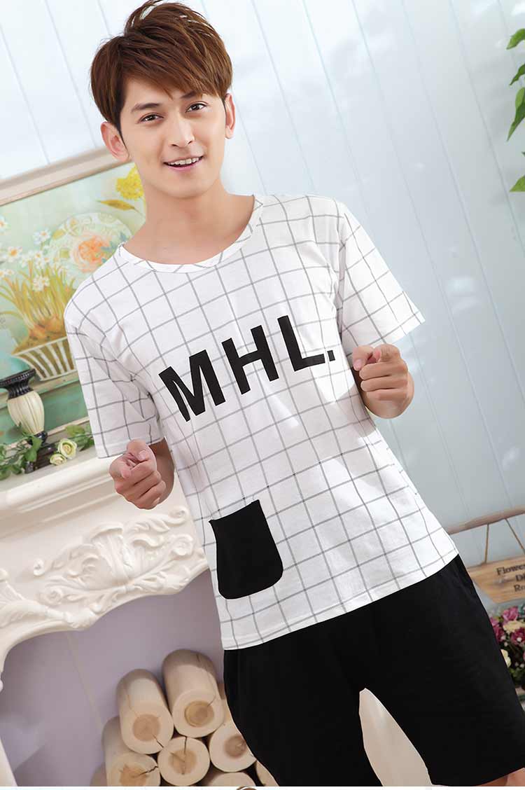 泊舒美bosomy 新款情侣睡衣女夏棉质短袖套装男女款字母家居服 格子