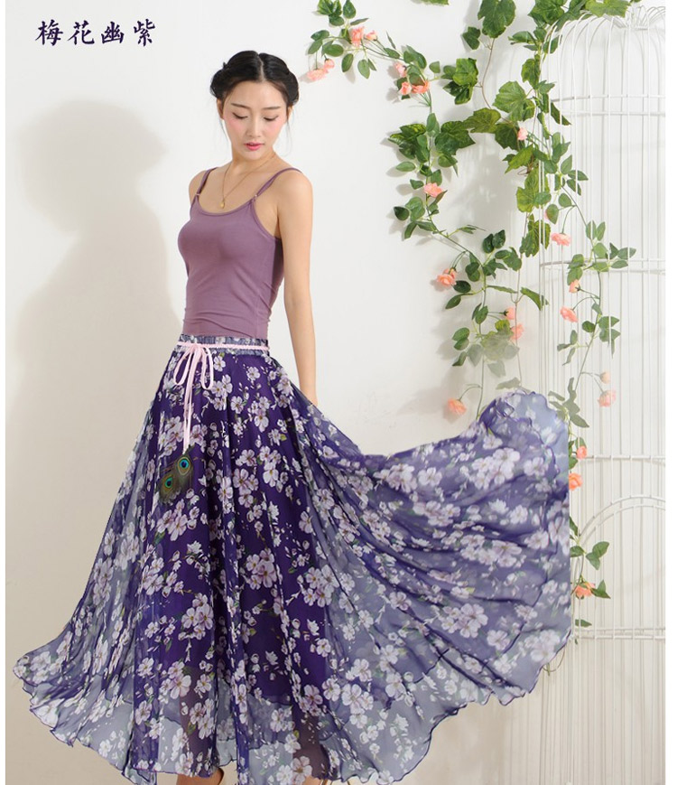 迪龙斯克2015夏季新款女装半身长裙松紧带印花大摆雪纺波西米亚连衣裙沙滩裙 彼岸花开 L