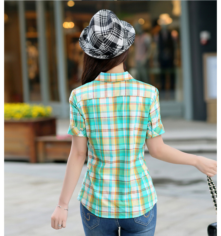 2015新款女装夏装短袖全纯棉格子大码百搭衬衫  20BS系列 2055BS XL