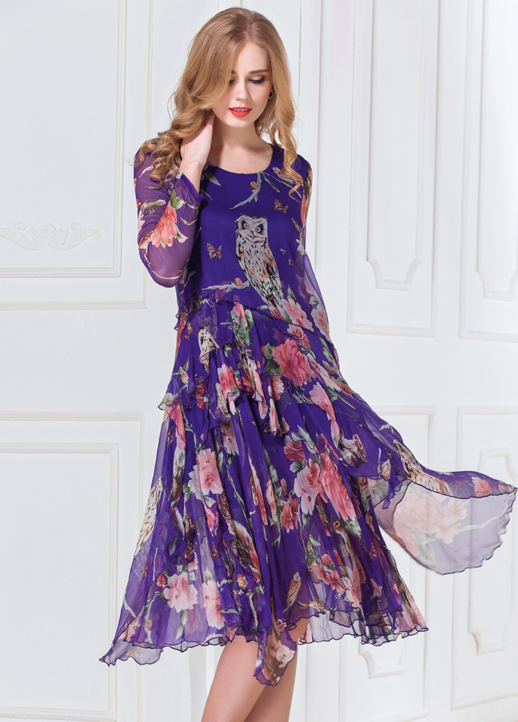 伊莲娜春夏季新品 真丝连衣裙波西米亚长裙飘逸沙滩裙女装 蓝色 m