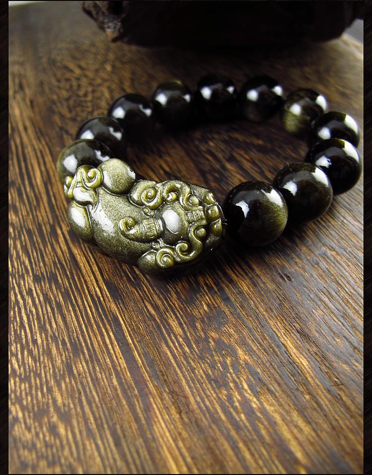 万宗金沙黑曜石貔貅手链男天然金曜石手串佛宝火山石16mm大珠串