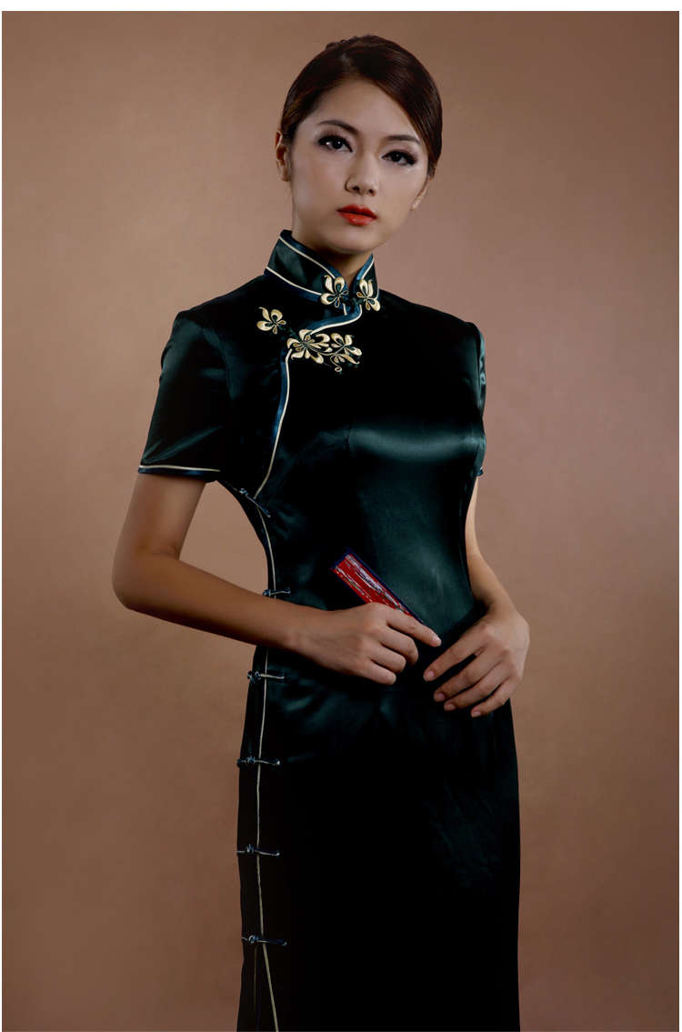 逸福墨绿纯色重磅亮面厚缎旗袍长款修身型复古风明星同款订做上海宴会