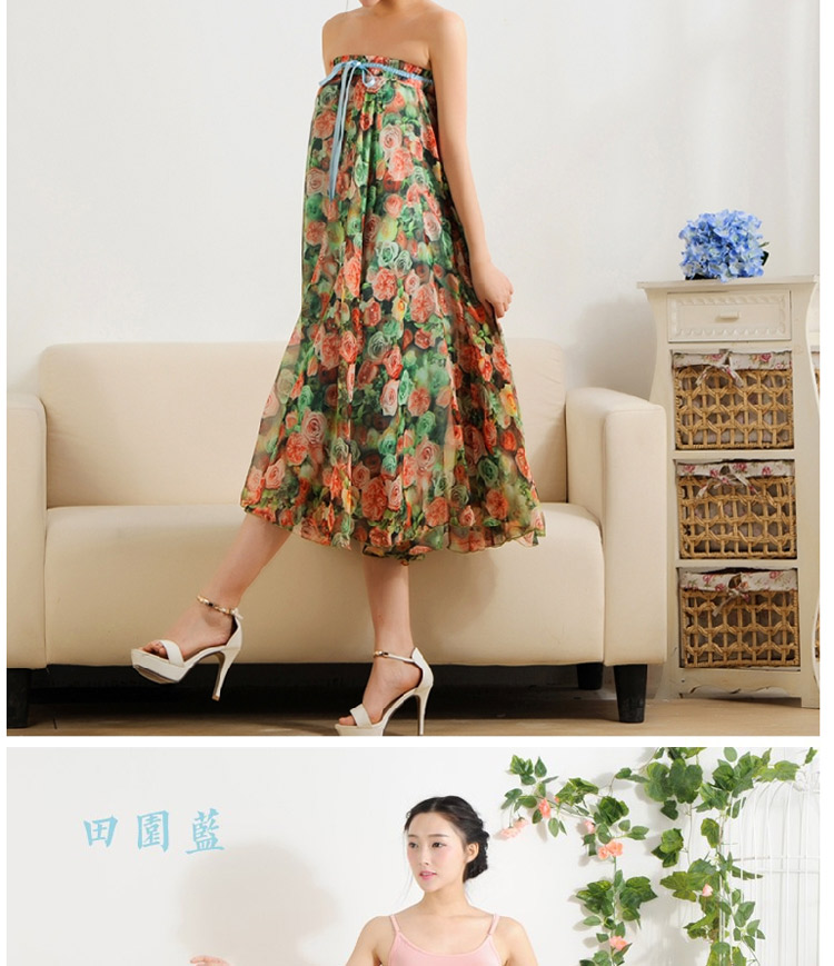 迪龙斯克2015夏季新款女装半身长裙松紧带印花大摆雪纺波西米亚连衣裙沙滩裙 彼岸花开 L