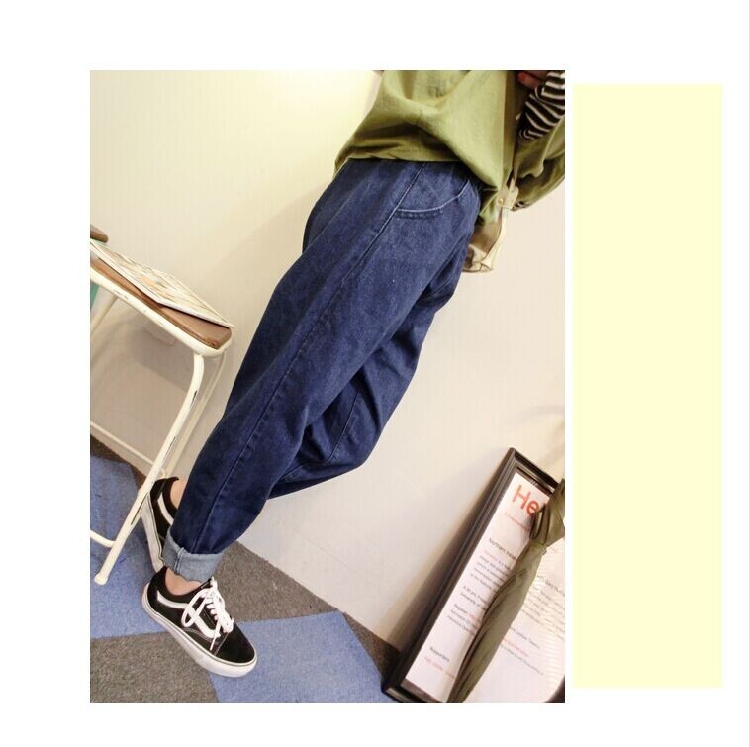 
                                        花芯诗2018新品韩国修身显瘦宽松深色BF风松紧腰牛仔裤哈伦裤女Y0326 深蓝色 L                