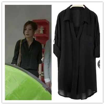 卓紫花 2015虎妈猫爸同款 毕胜男赵薇明星同款中长款衬衣 黑色 s