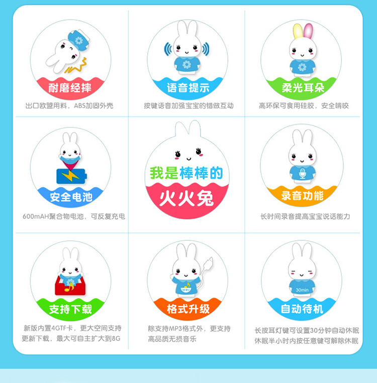 阿李罗火火兔儿童早教机故事机G6婴幼儿宝宝启智益智玩具 蓝色8G内存