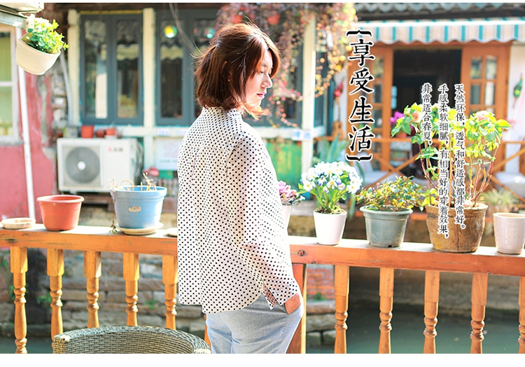 紫格子2015新款女装春夏棉麻衬衫女休闲波点长袖衬衫女上衣R3046 白色 S