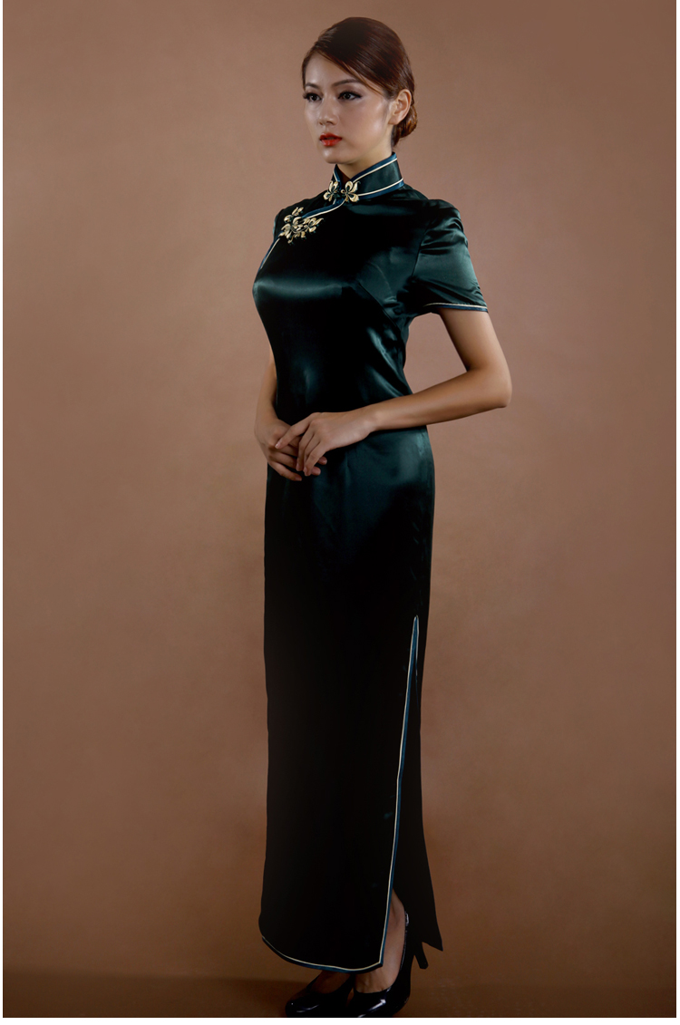 逸福墨绿纯色重磅亮面厚缎旗袍长款修身型复古风明星同款订做上海宴会