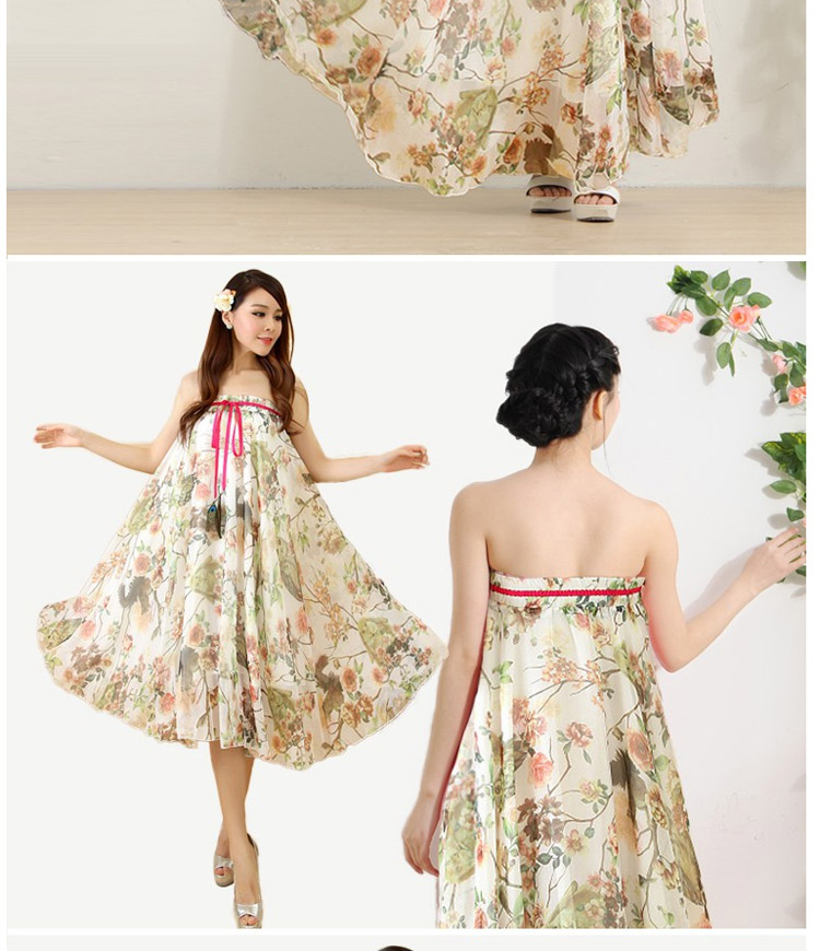 迪龙斯克2015夏季新款女装半身长裙松紧带印花大摆雪纺波西米亚连衣裙沙滩裙 彼岸花开 L