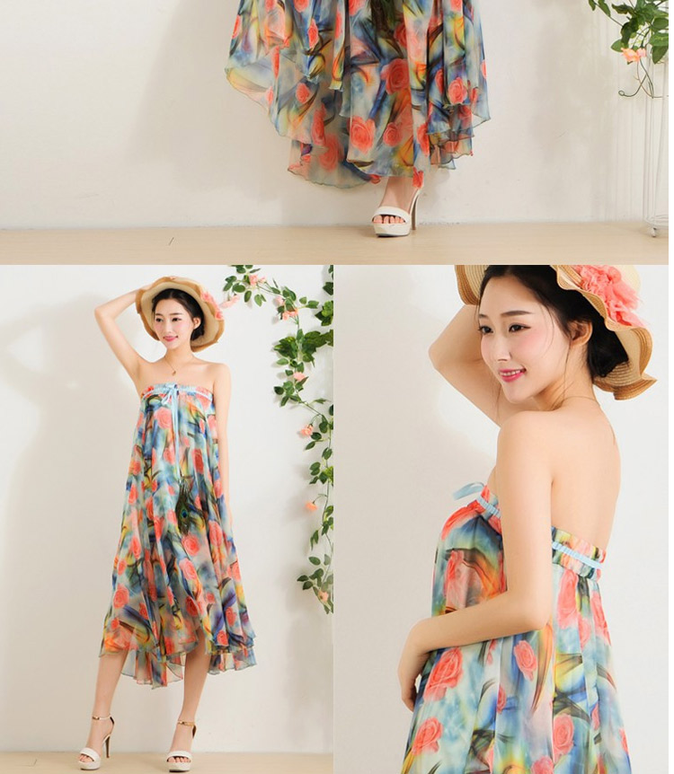 迪龙斯克2015夏季新款女装半身长裙松紧带印花大摆雪纺波西米亚连衣裙沙滩裙 彼岸花开 L