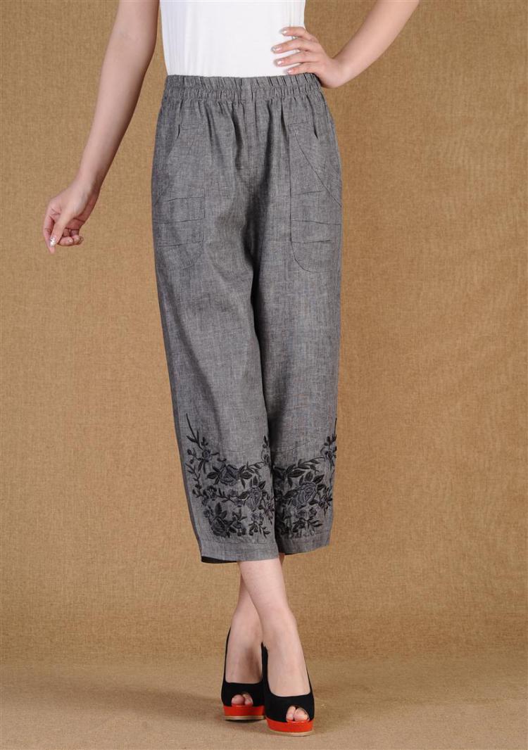 衣逸袂彩中老年女装夏装休闲亚麻绣花七分裤 妈妈装七分裤 老年人宽松
