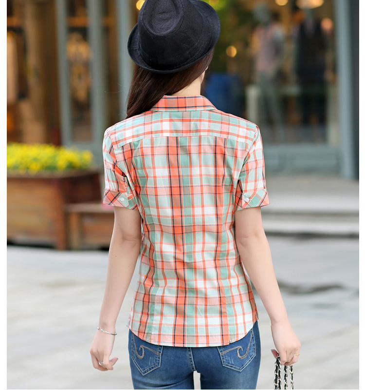 2015新款女装夏装短袖全纯棉格子大码百搭衬衫  20BS系列 2055BS XL