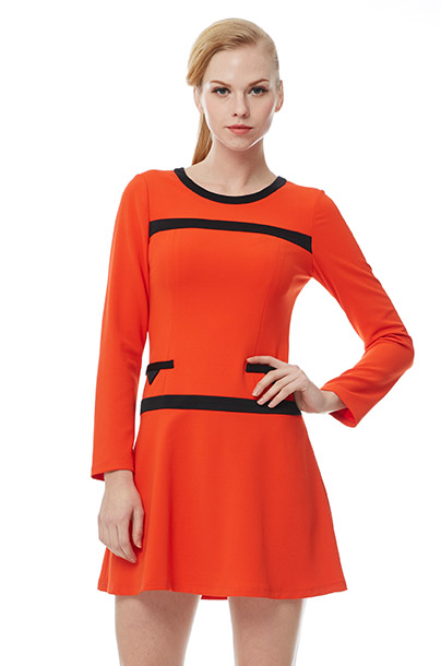 凯撒kaiser 春夏款女装 简约撞色拼接圆领中腰连衣裙kfwaf15934 橙