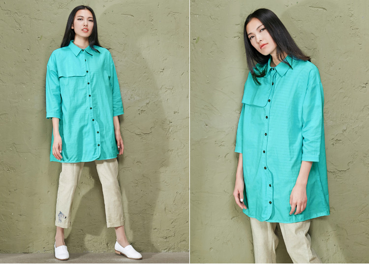 可下酒 2015新款夏装 文艺净色翻领落肩七分袖长款风衣 251102 露草蓝