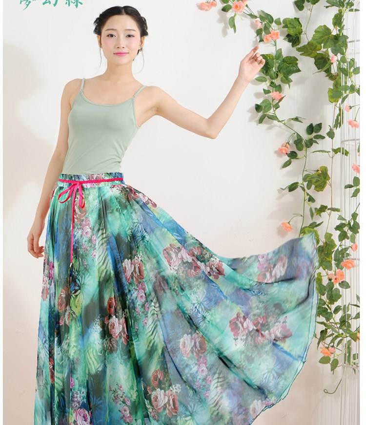 迪龙斯克2015夏季新款女装半身长裙松紧带印花大摆雪纺波西米亚连衣裙沙滩裙 彼岸花开 L