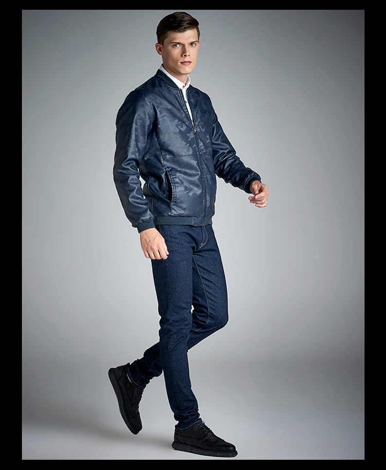 稻草人mexican 皮夹克 男士时尚修身立领男装迷彩皮衣外套 蓝色 3xl