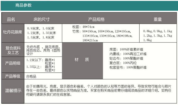 蔚兰家纺 床上用品 清凉席子 保健抗菌藤席 经典格 2*2.2m 3件套