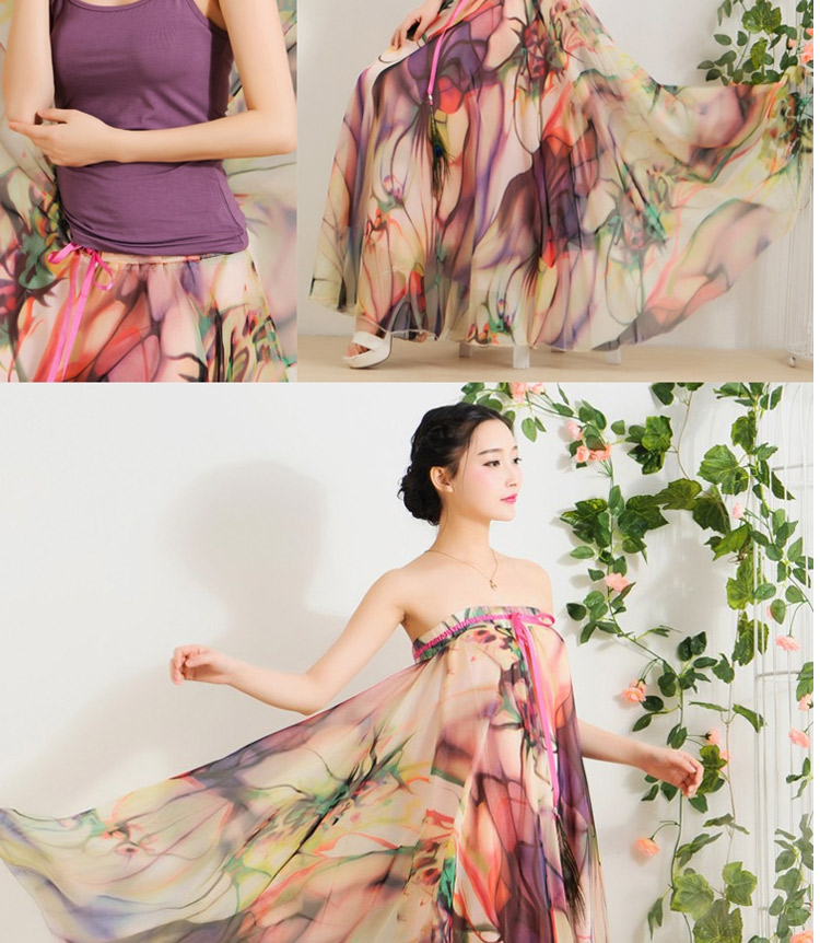 迪龙斯克2015夏季新款女装半身长裙松紧带印花大摆雪纺波西米亚连衣裙沙滩裙 彼岸花开 L