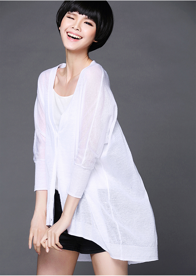 梦娴2015夏新款空调衫镂空毛衣针织衫 女 薄款开衫 女 夏宽松中长款披肩外套 女 白色 均码