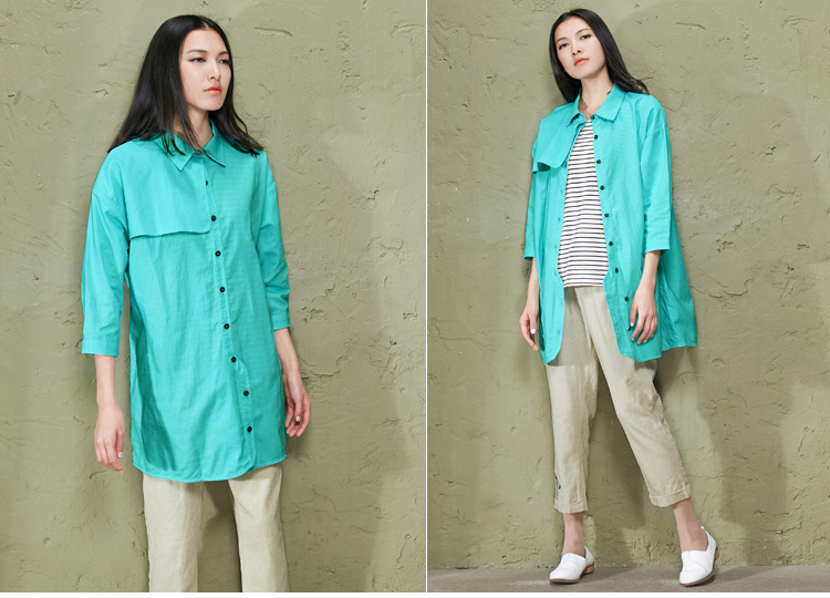 可下酒 2015新款夏装 文艺净色翻领落肩七分袖长款风衣 251102 露草蓝