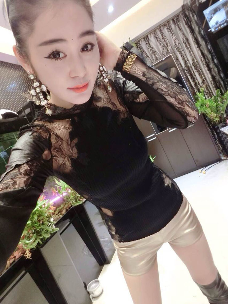 香情姿  蕾丝拼接镂空修身显瘦打底衫长袖T恤紧身小衫潮 酒红色 均码