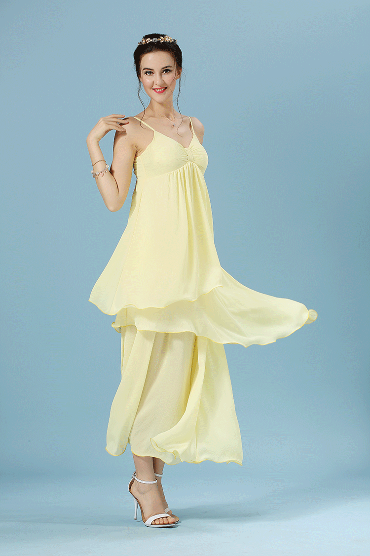 伊纤雅 2015新款雪纺裙吊带性感长裙宽松连衣裙女装3055b 浅黄色 xl