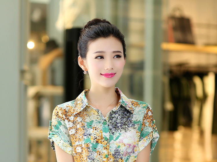 大码花色套头花色雪纺衬衣女短袖韩版宽松夏装上衣中年妈妈衣服 兰花