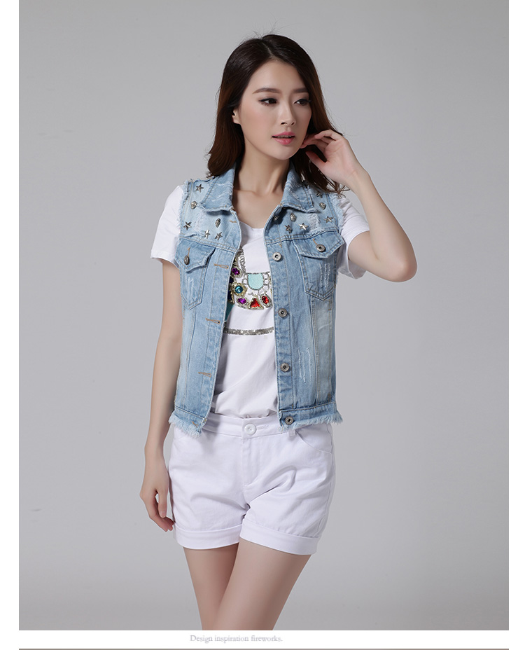 法瑟·蘭格2015新款修身手工钉珠浅色牛仔马甲女装牛仔马甲上衣外套 图片色 L