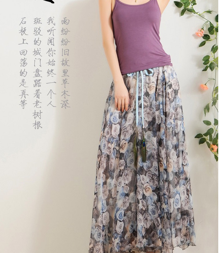 迪龙斯克2015夏季新款女装半身长裙松紧带印花大摆雪纺波西米亚连衣裙沙滩裙 彼岸花开 L