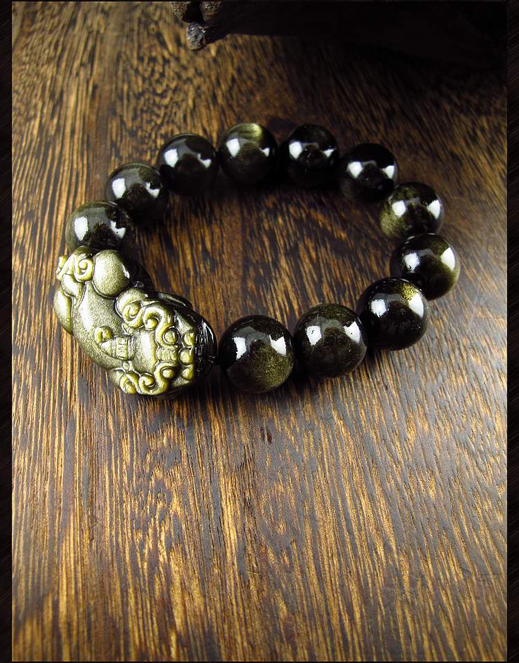 万宗金沙黑曜石貔貅手链男天然金曜石手串佛宝火山石16mm大珠串