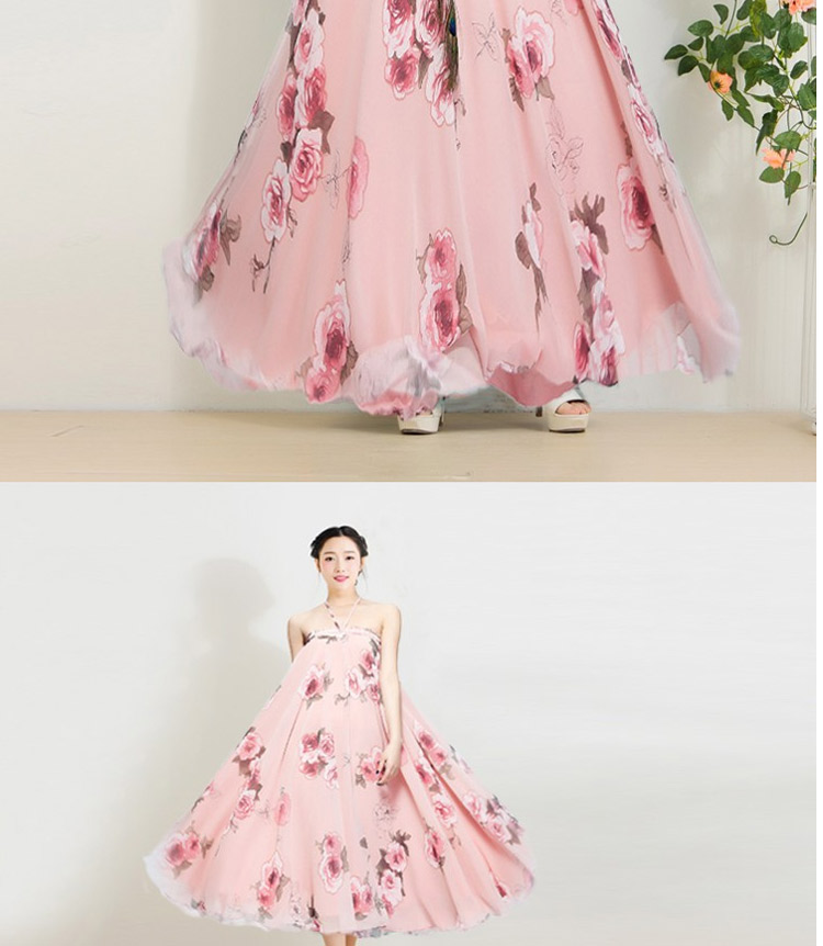 迪龙斯克2015夏季新款女装半身长裙松紧带印花大摆雪纺波西米亚连衣裙沙滩裙 彼岸花开 L