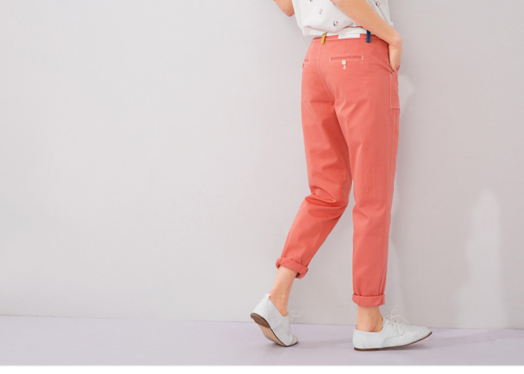 初语2015夏季新品 简约撞色裤耳宽松小哈伦休闲裤女8521922008 米白