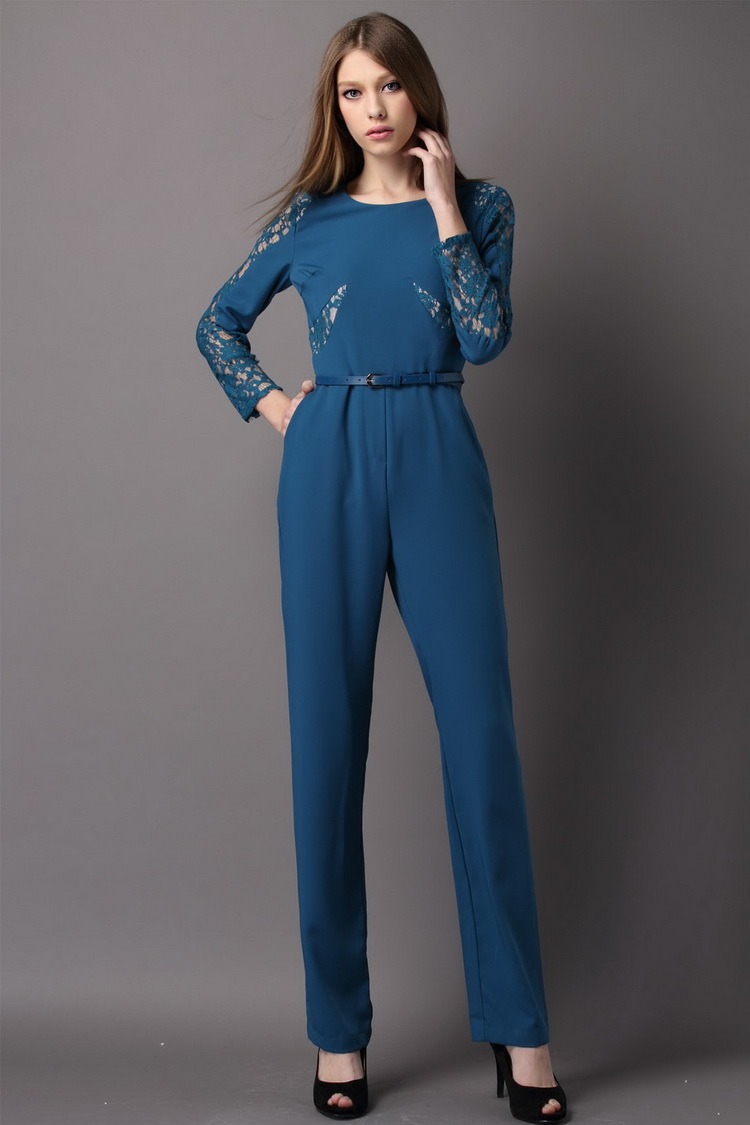 新款大码女装连衣裤 欧美明星同款冰纱拼蕾丝名媛气质修身连体裤长裤