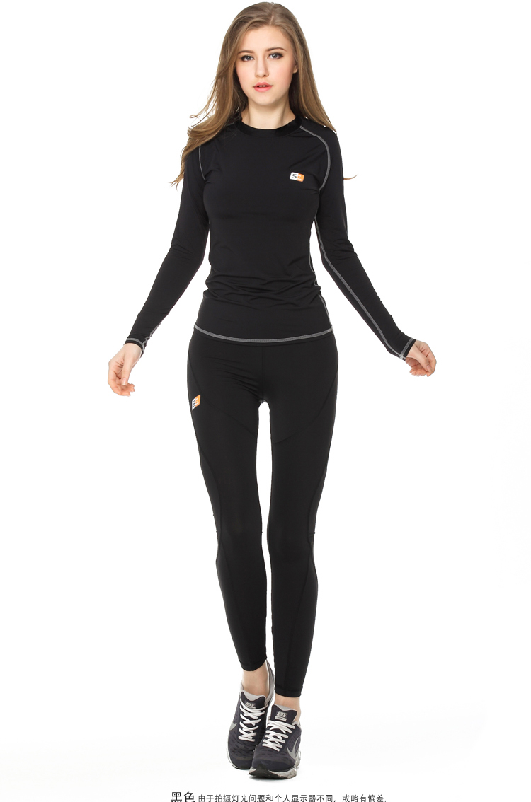 运动紧身衣女健身衣长袖t恤套装跑步训练瑜伽服 黑色套装 xxl