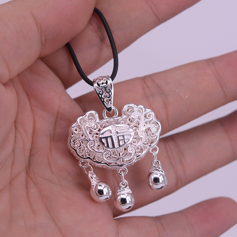 990足银镂空银锁吊坠 福字 银百岁银吊坠 女士时尚个性银锁银黑皮绳