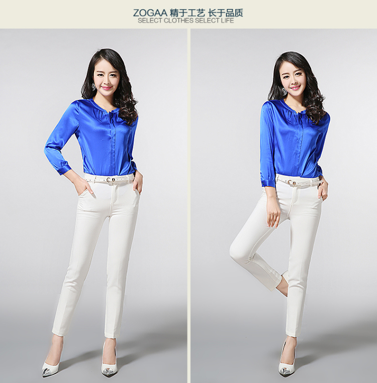 ZOGAA 2015秋装新款高档桑蚕丝女长袖中长款上衣OL气质纯色重磅真丝衬衫女 紫色 XXL