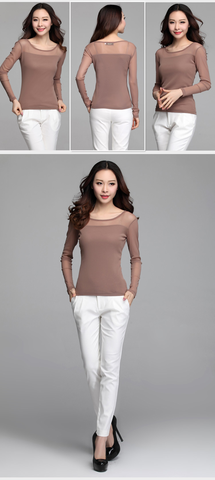 茹森蔓  2016秋季女款t恤性感蕾丝网纱圆领打底衫糖果色长袖低领薄款纱衣  638 黑色 L