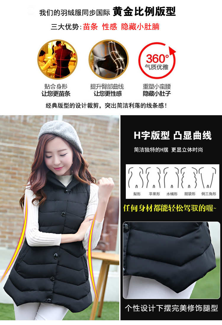 灏丽尚 2016冬季韩版修身中长款棉衣连帽羽绒棉服女马甲外套 红色 M