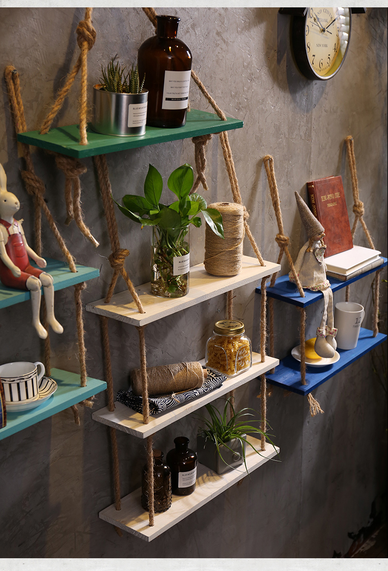 翻旧事 创意家居墙壁装饰挂件客厅卧室木板麻绳置物架 一层浅蓝色木板