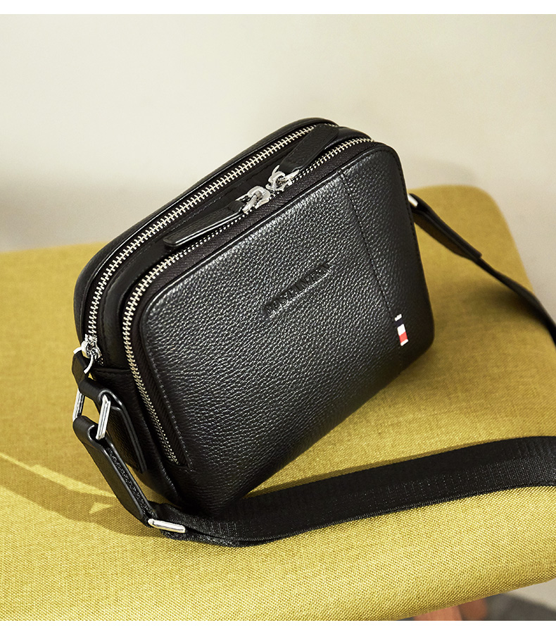 波斯丹顿斜挎小包包男士休闲迷你单肩包青年挎包牛皮背包男 竖款黑色