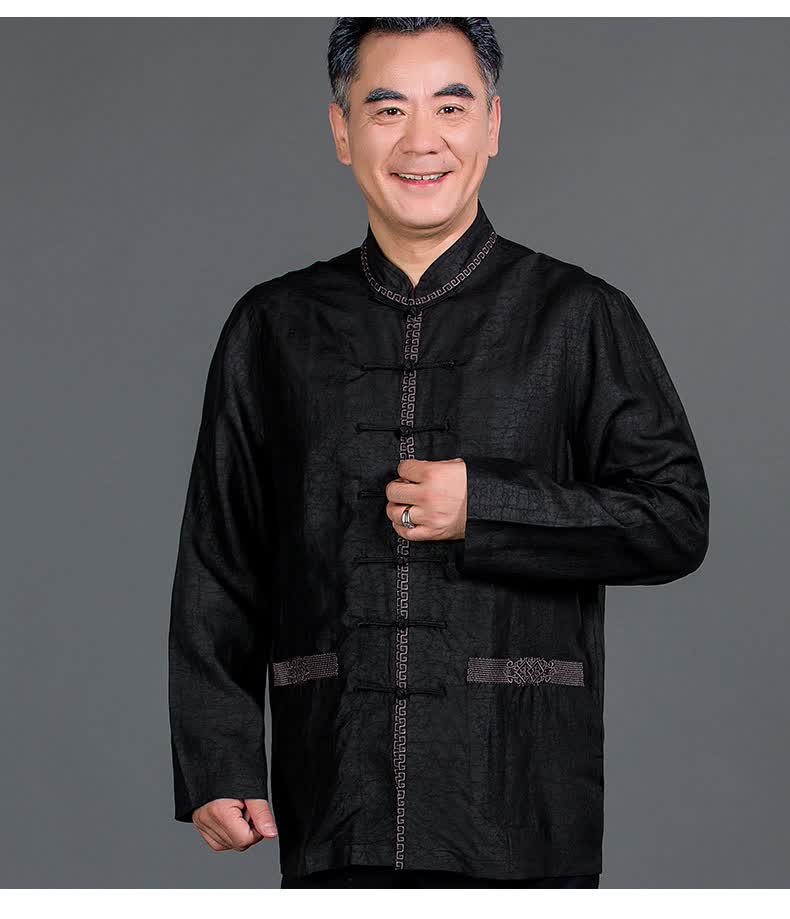 duqanzhi轻奢品牌 唐装男中老年长袖真丝香云纱男装老人衣服爷爷秋装