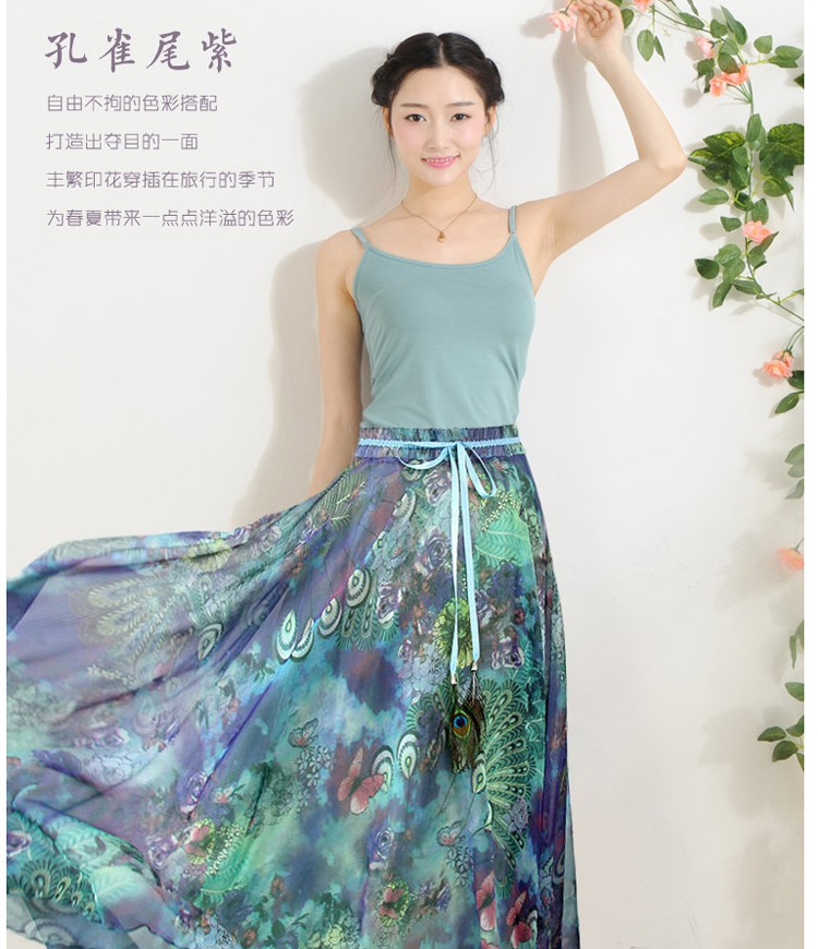 迪龙斯克2015夏季新款女装半身长裙松紧带印花大摆雪纺波西米亚连衣裙沙滩裙 彼岸花开 L