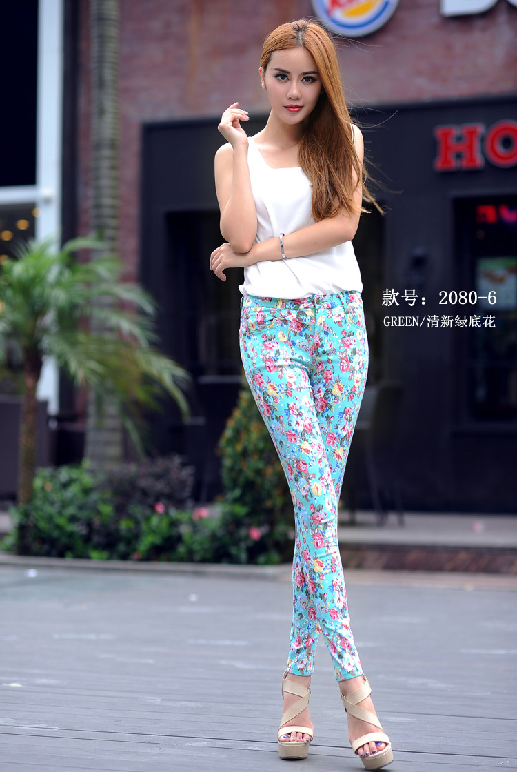 夏款花裤子女休闲长裤韩版弹力印花小脚铅笔裤女 2808-11号色迷彩海军蓝底 29码