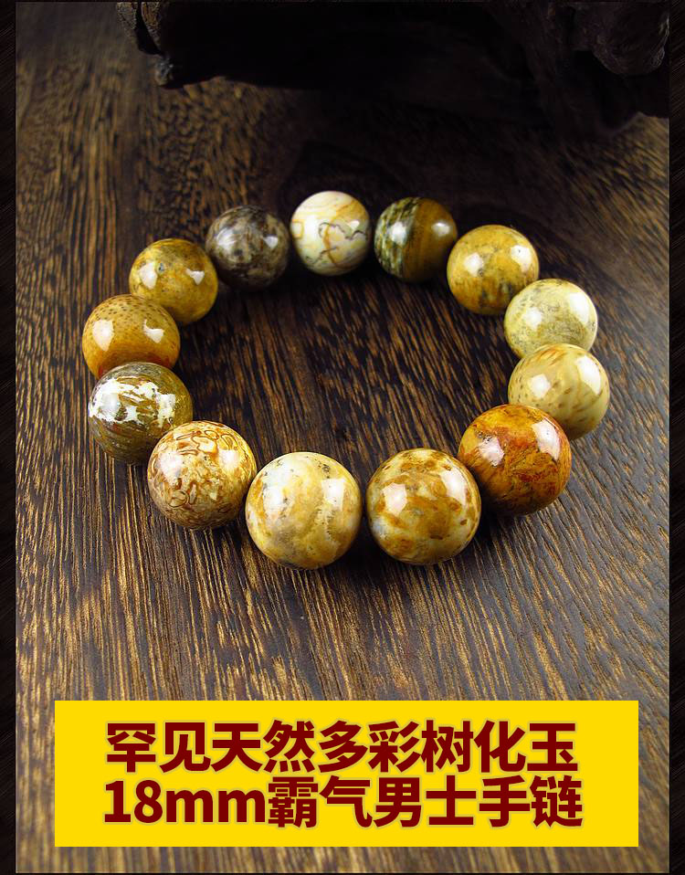 相石缘原矿多宝色树化玉天珠手链男木化石手串佛珠18mm男款